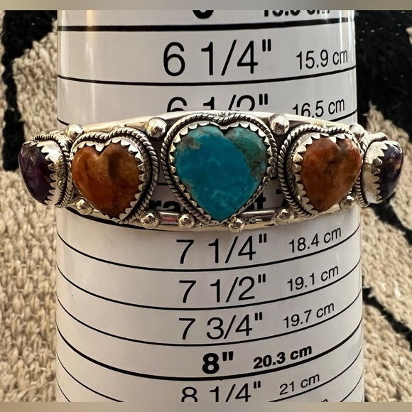 Turquoise, Spiny Oyster, Purple Dahlia 925 ADJUSTABLE Navajo Heart Cuff 26.2Gm - Picture 4 of 14